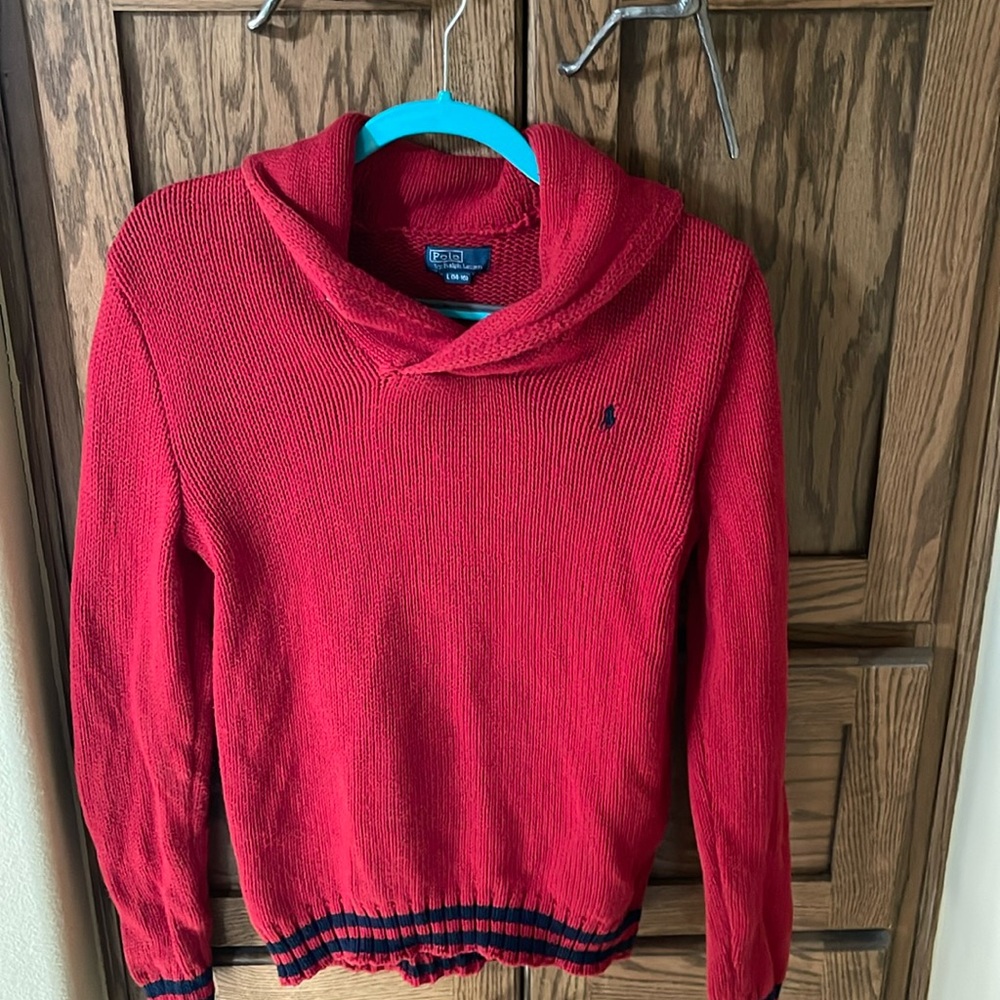 Polo Ralph Lauren Boys Collar Pullover Sweater L (14-16) Red Navy Striped